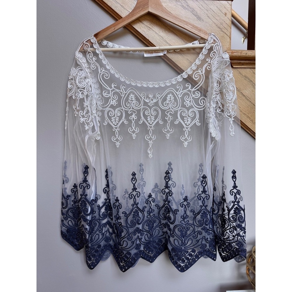 Simply Couture‎ Womens Sheer Embroidered Top Blouse L Artsy Funky Asymmetrical